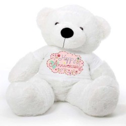 White 5 feet Big Teddy Bear wearing a Happy Anniversary T-shirt